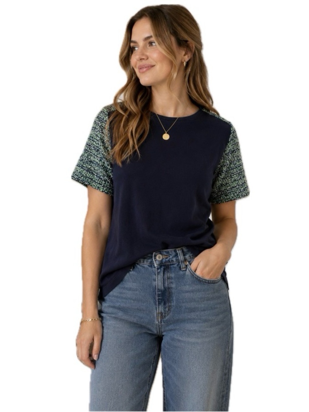 J.Crew Navy & Green Tweed Sleeve Top, Size M